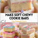Soft and chewy frosted sugar cookie bars stacked on a plate with colorful icing layers. 26